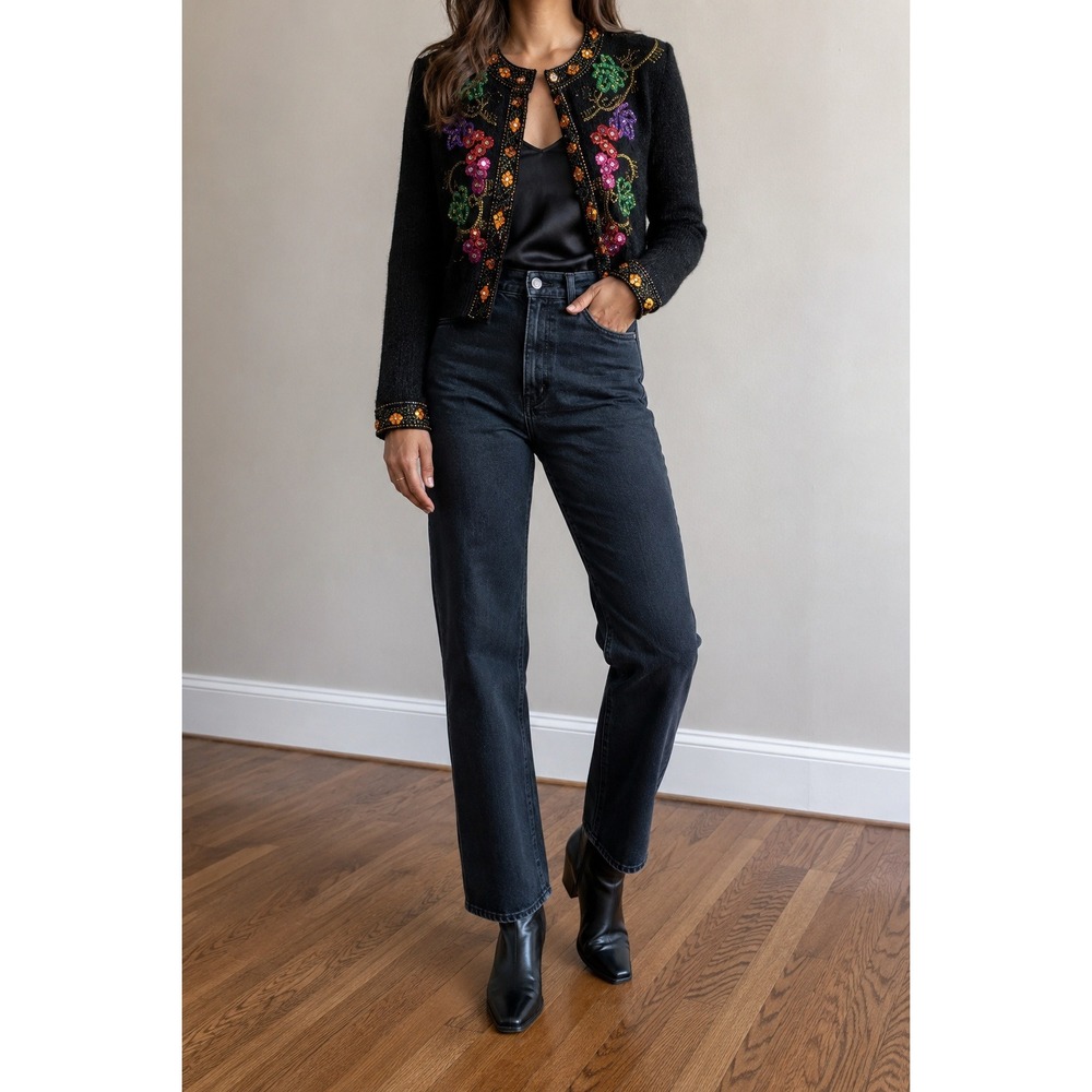 Beaded Floral Cardigan Large Silk Angora Wool Maximalism Embellished Vintage